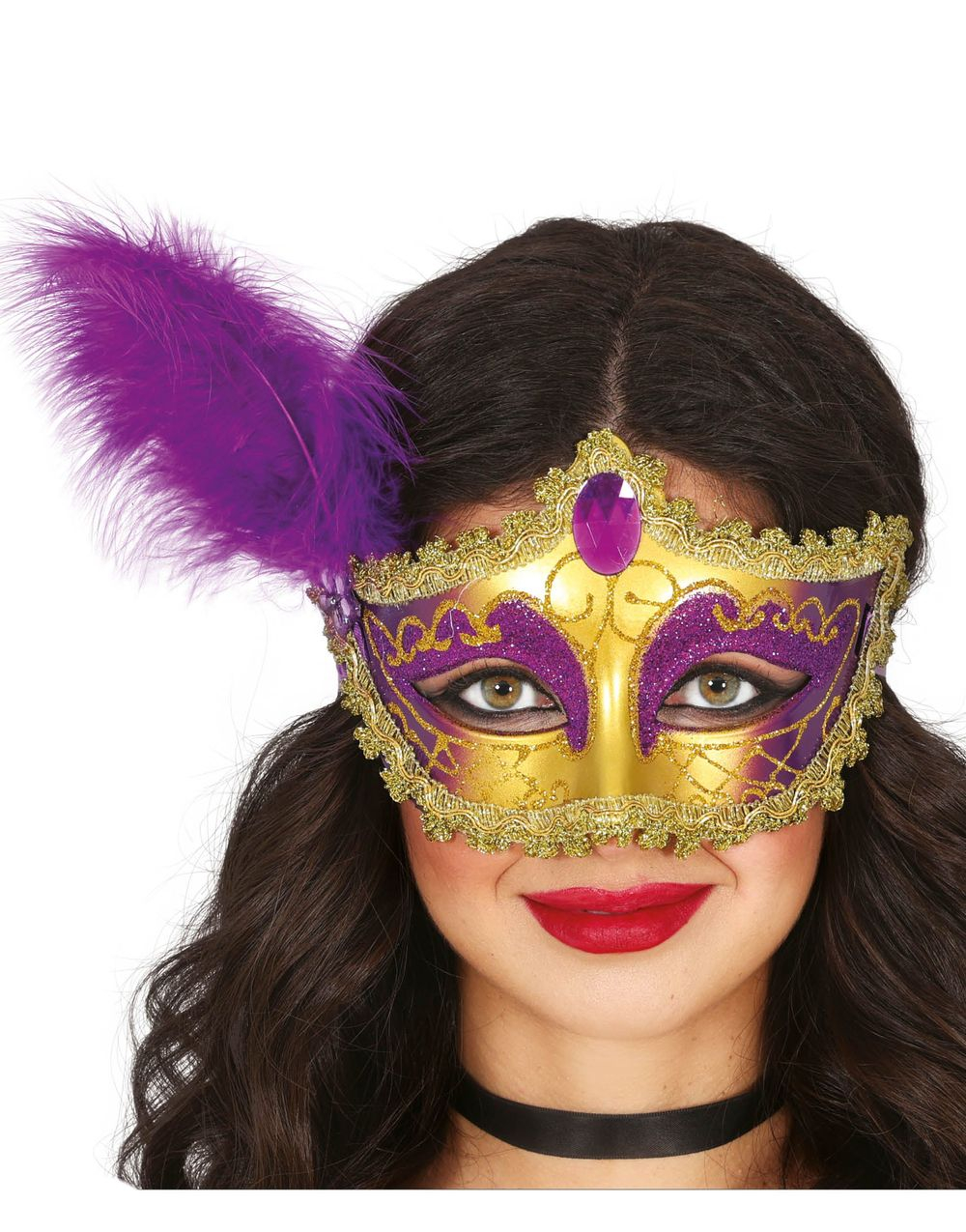 Lilla/Gullfarget Maske med Fjær