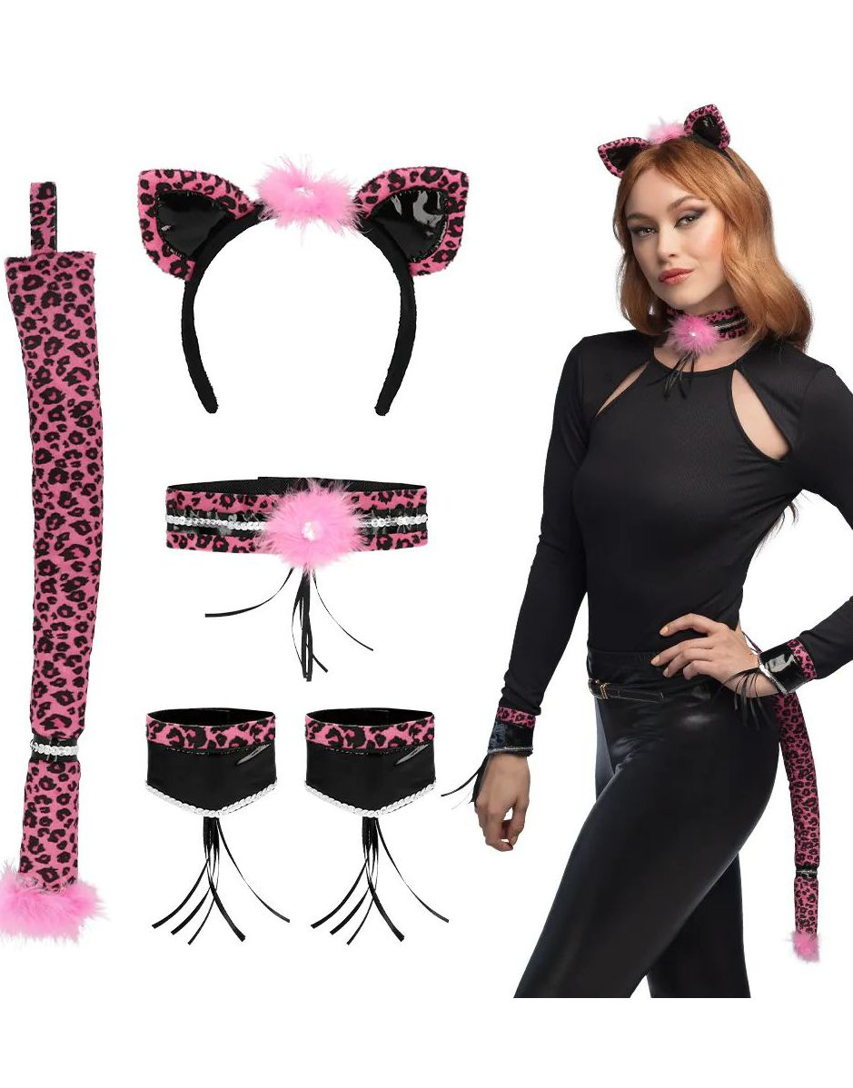 Rosa Leopard Kostymesett - 5 Deler