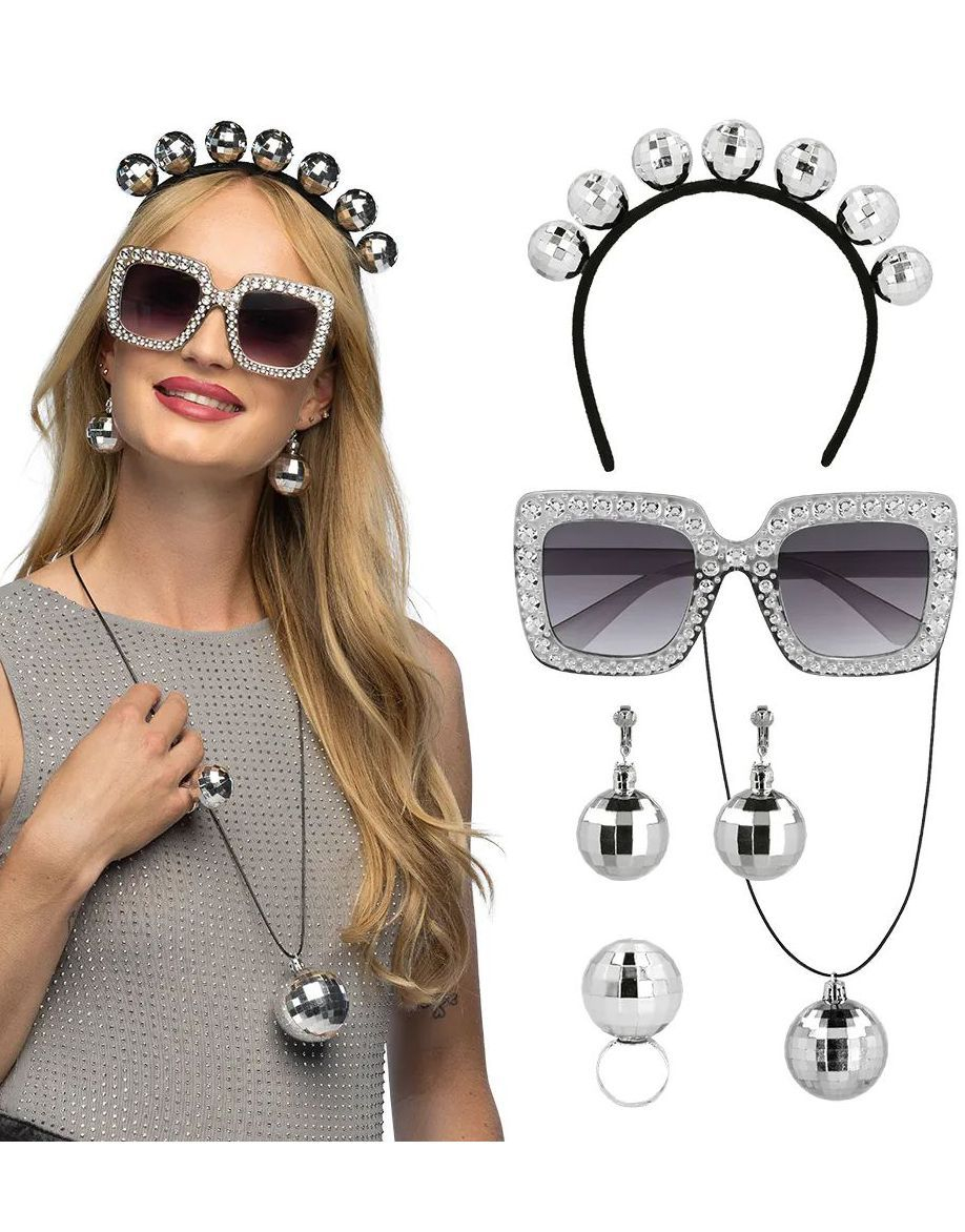 Discokule Kostymesett - Hårbånd, Halskjede, Øredobber, Ring & Briller