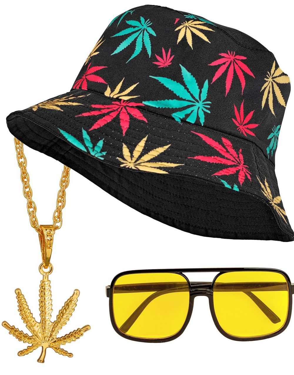 90s Hip Hop Ganja Bøttehatt, Smykke og Briller Sett