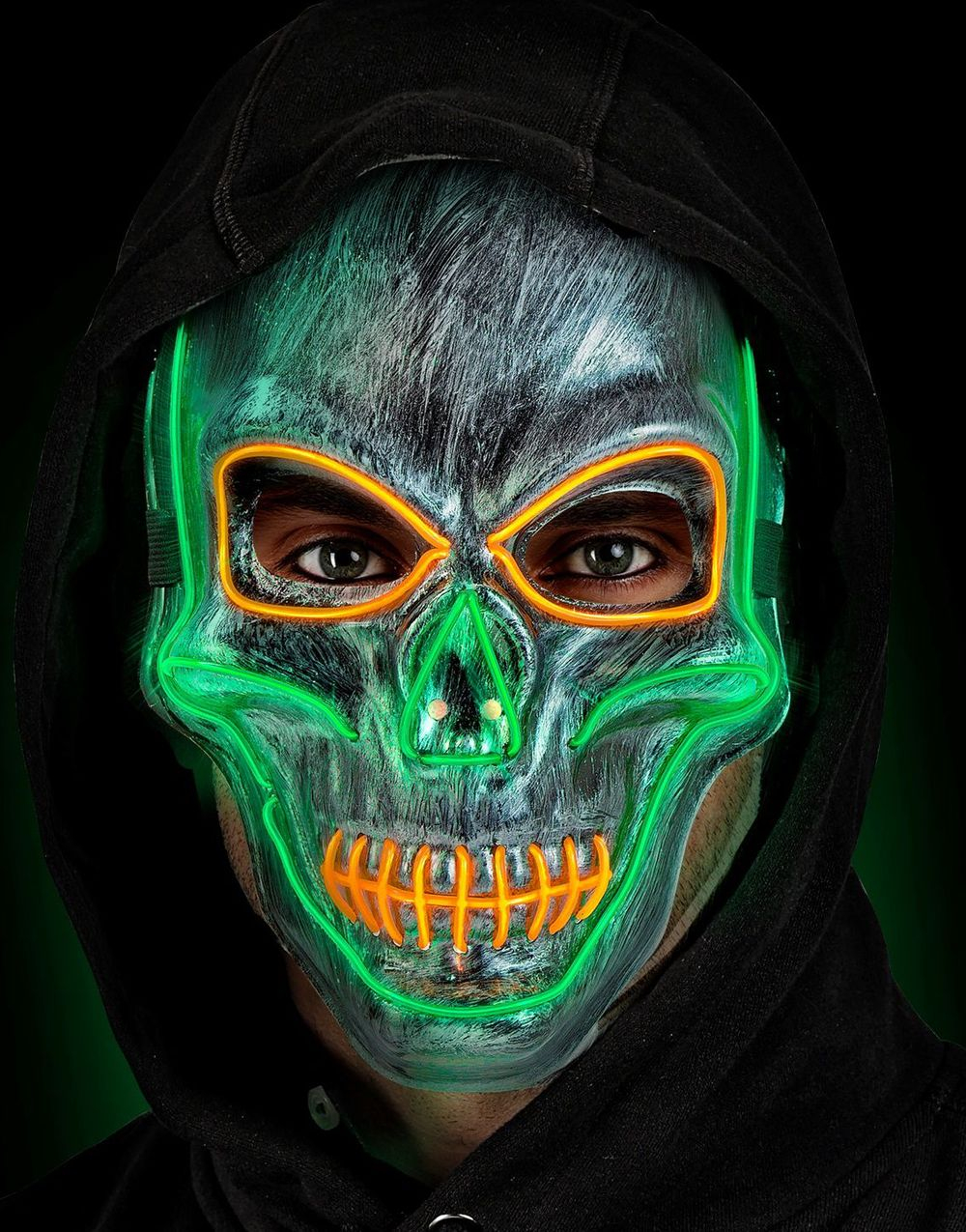Sølvfarget Skjelettmaske med Grønt og Gult LED-Lys