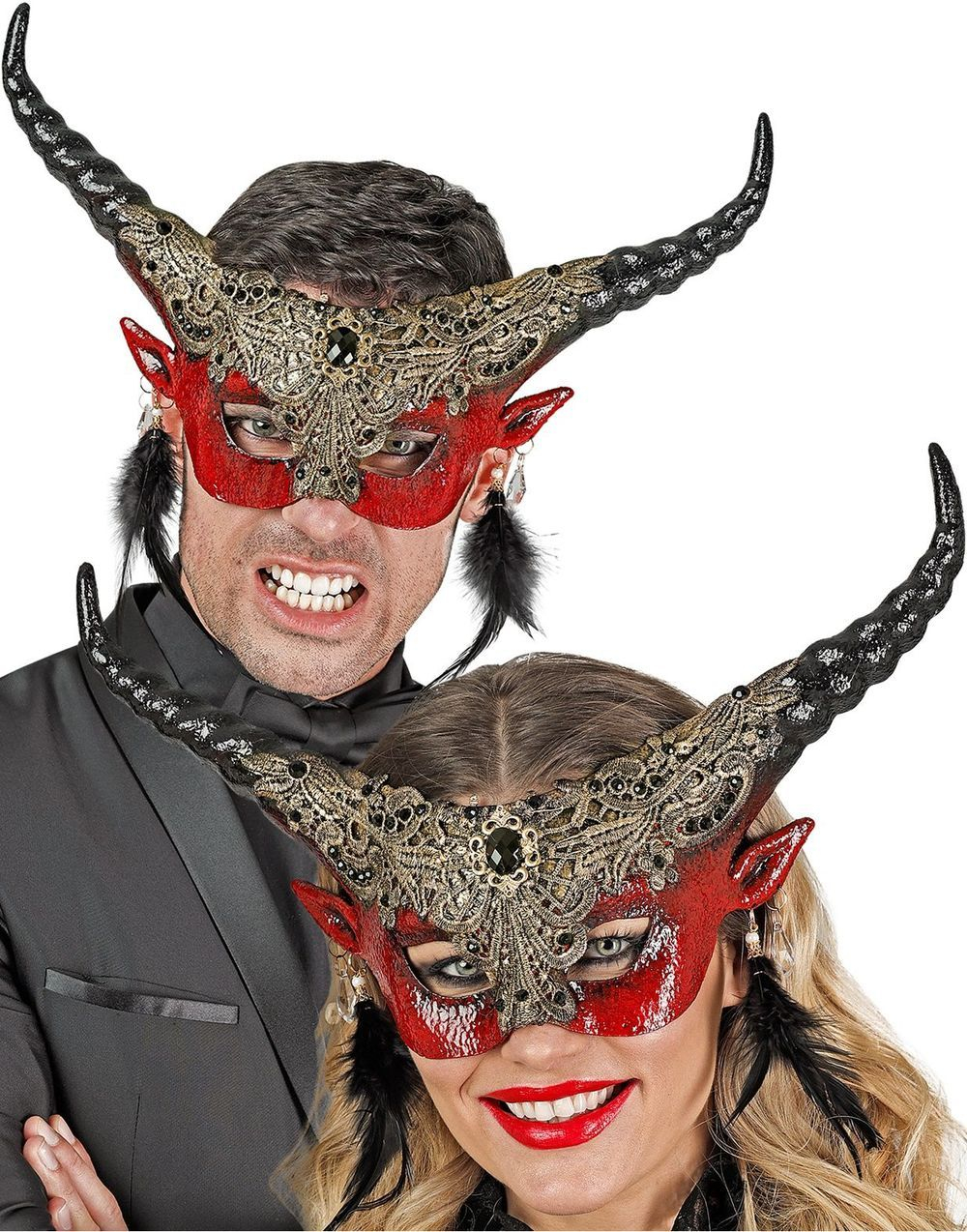 Dekorert Djevelmaske med Lange Horn til Voksen