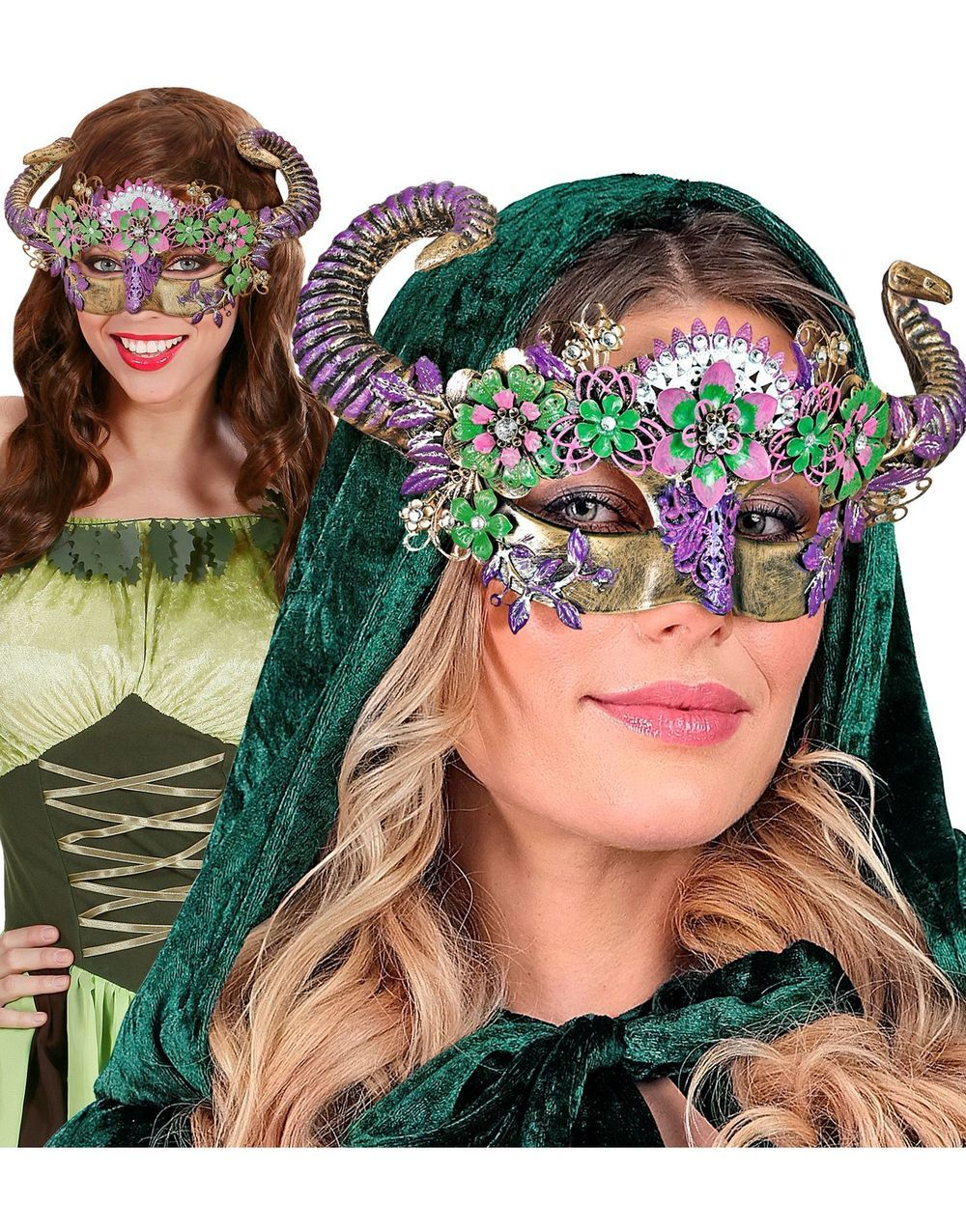 Blomstrete Lilla og Gullfarget Maske med Horn