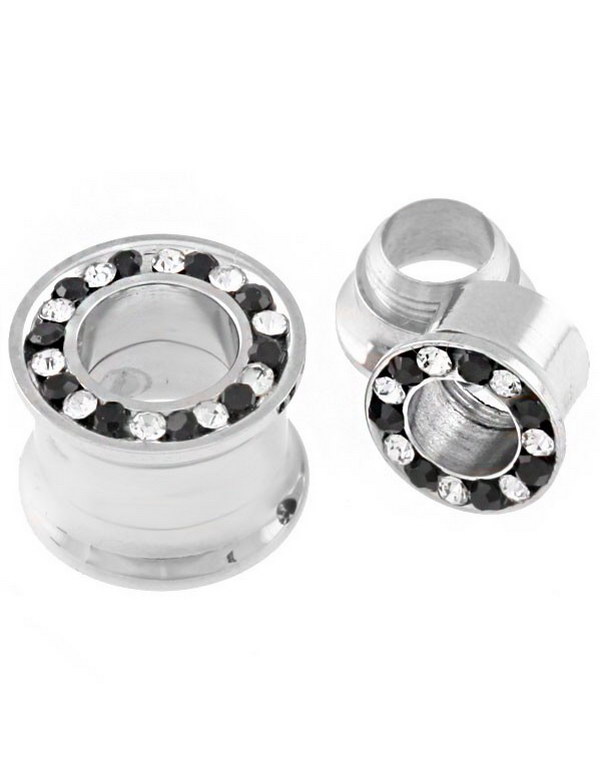 Sølvfarget Piercing Tunnel med Klare og Svarte Stener