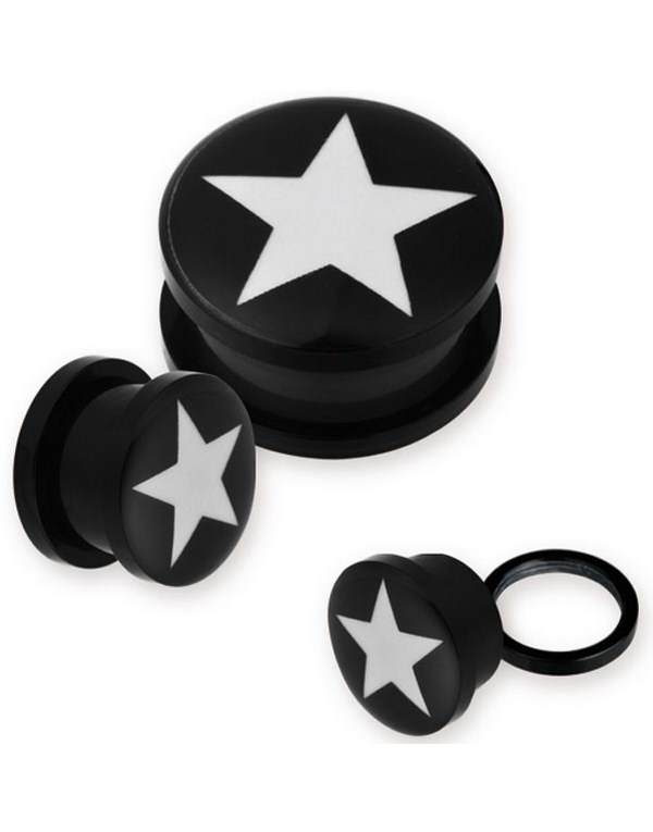 Svart Piercing Plugg med Hvit Stjerne