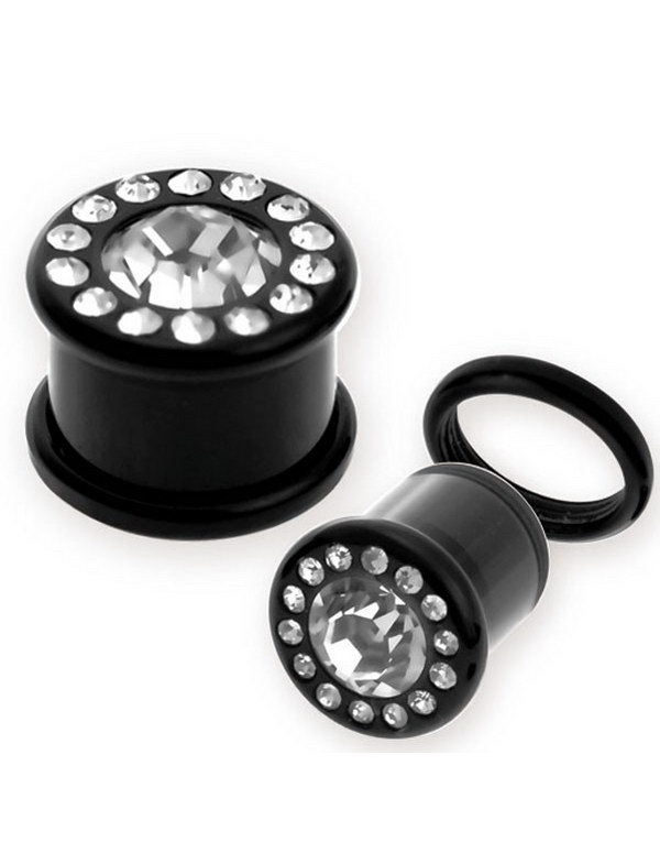 Svart Piercing Plugg med En Klar Sten Rammet inn med Små