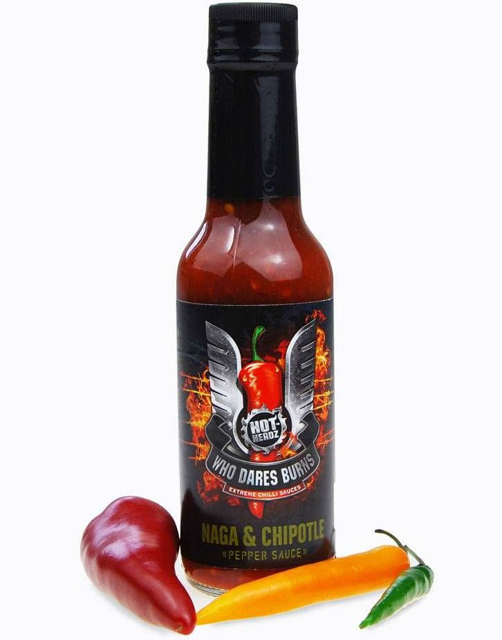 Who Dares Burns! Naga & Chipotle Peppersauce - Kjempesterk Chilisaus med Forskjellige Chilier 148 ml