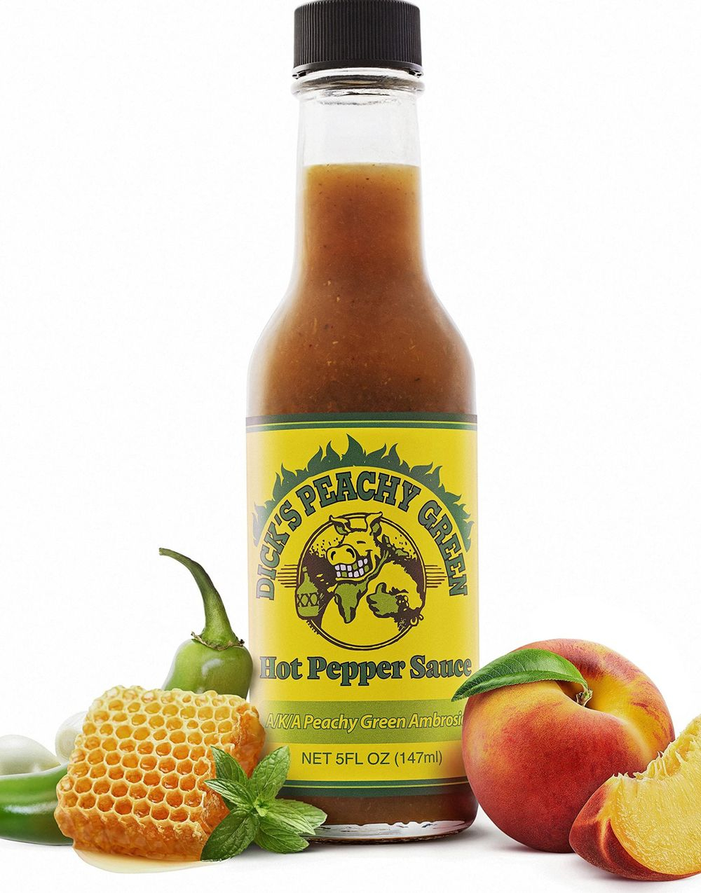 Dick's Peachy Green Hot Pepper Sauce - Chilisaus med Serrano, Jalapeno og Fersken 147 ml (USA Import)