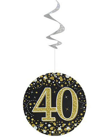6 stk 40-Års Bursdag Svart og Gullfarget Holografiske Swirls
