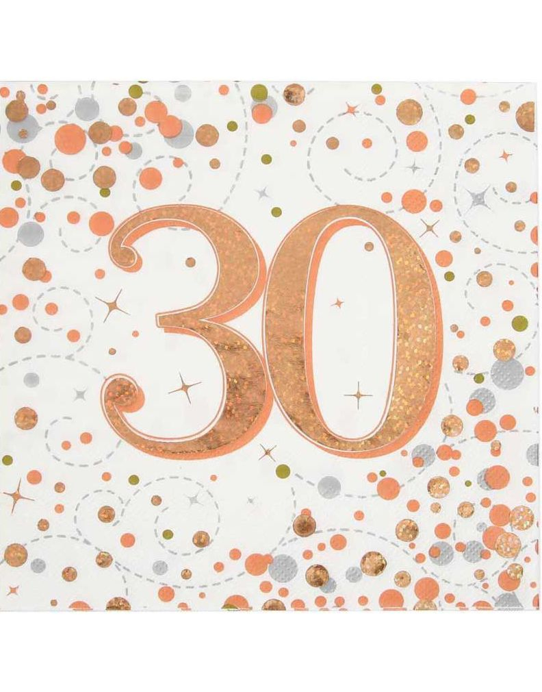 16 stk Hvite 30 År Bursdagsservietter med Rosegull trykk 33x33 cm