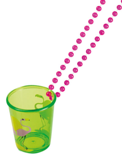 Grønt Shotglass med Flamingo og Rosa Perlekjede