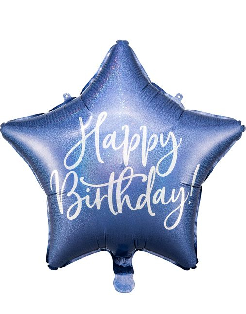 Happy Birthday! - Stjerneformet Navy Blå Folieballong med Iriserende Skrift 40 cm