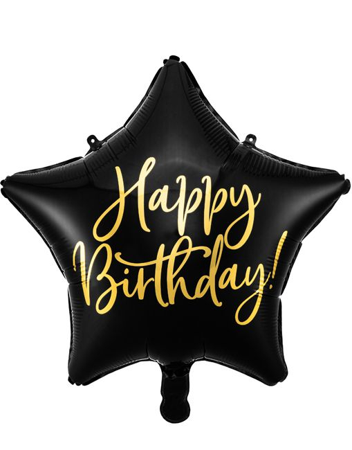 Happy Birthday! - Stjerneformet Svart Folieballong med Metallisk Gullskrift 40 cm
