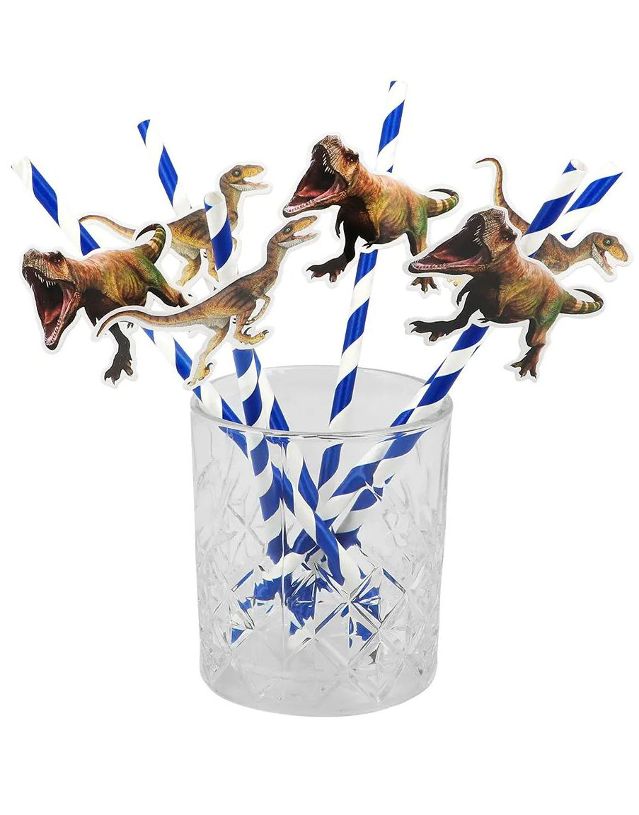 6 stk Blå Stripete Sugerør med Dinosaur - Dino Party