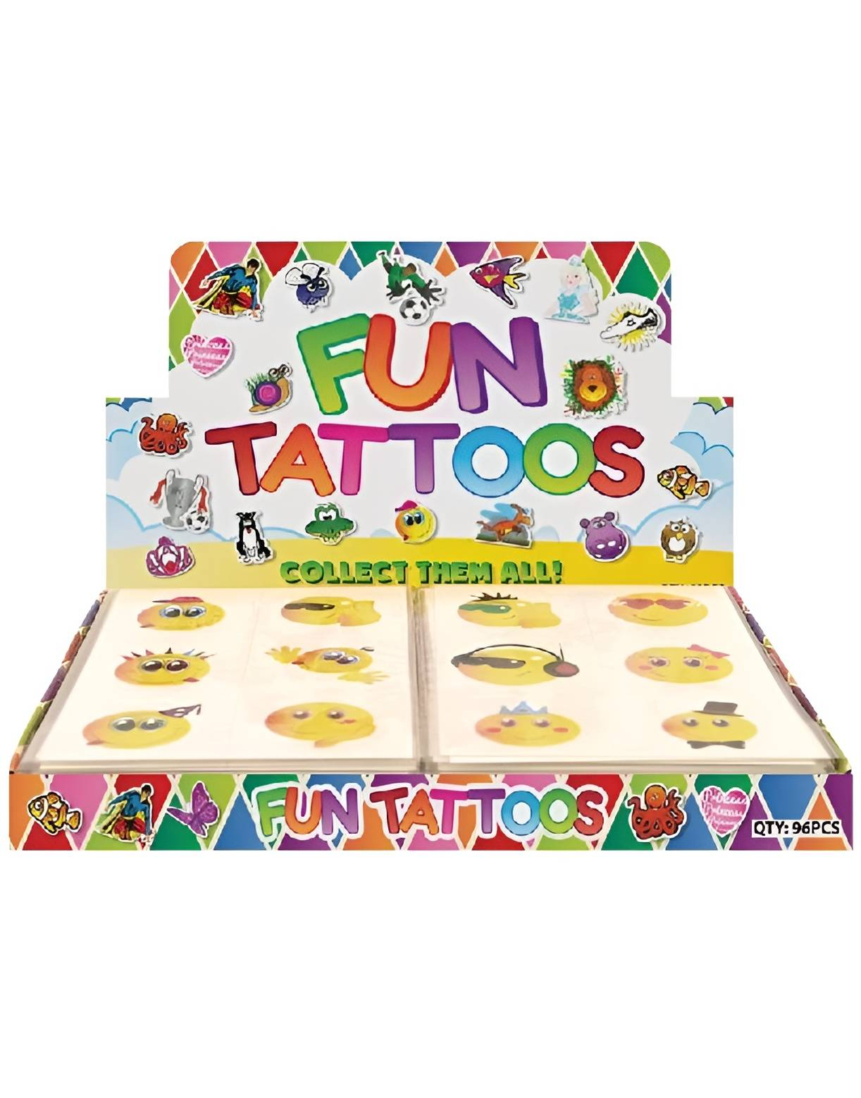 96 stk Ark med 6 stk Små Midlertidige Smileys Tatoveringer Assorterte - Hel Eske