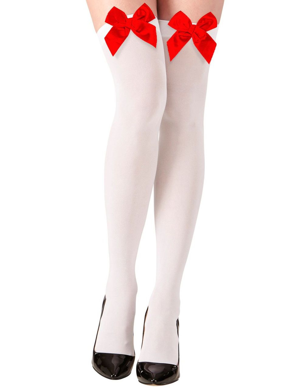 Hvite Strømper med Røde Satin Sløyfer