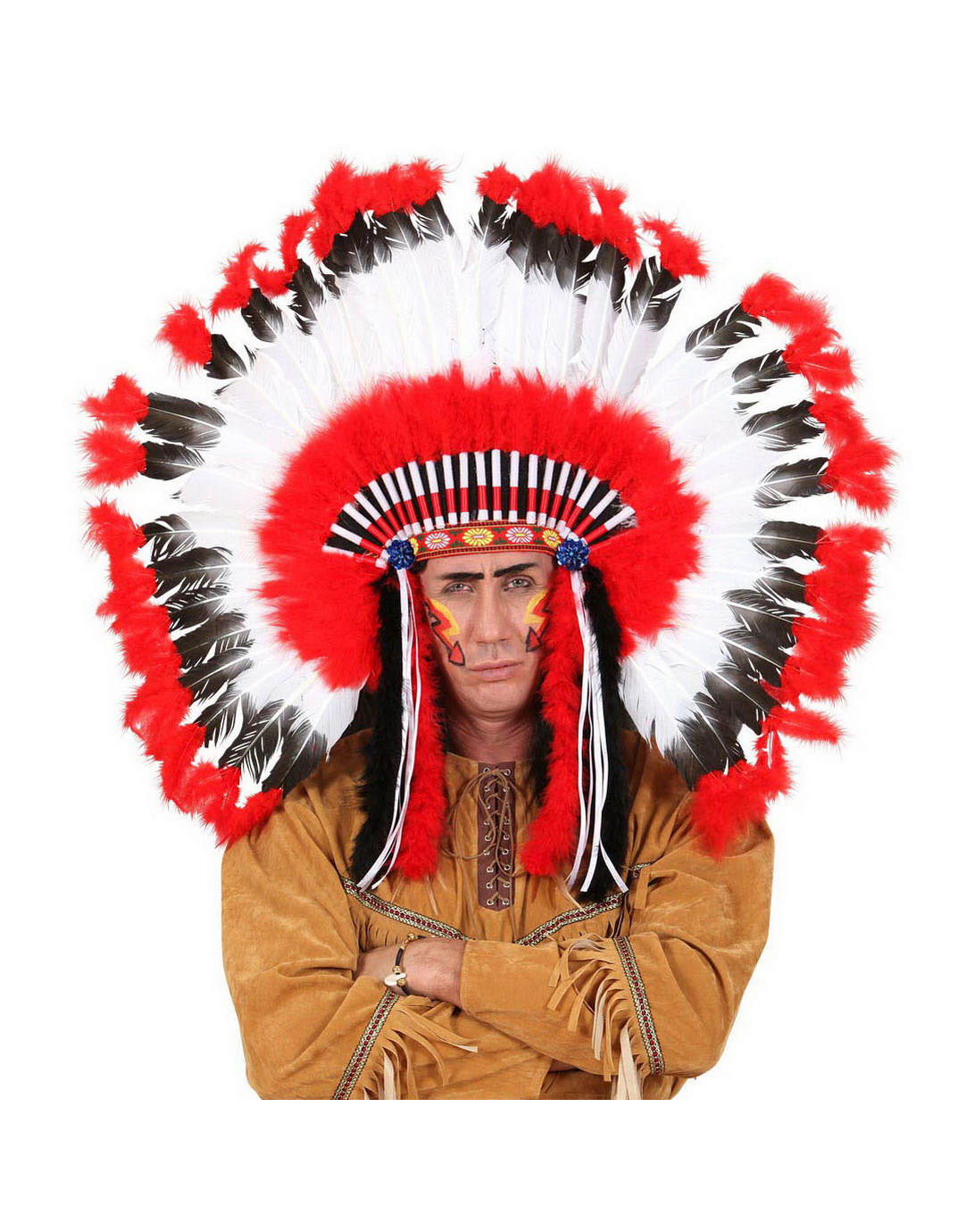 Indianerhøvdingen - Deluxe Hodepynt med STORE Fjær, Bånd og Perler