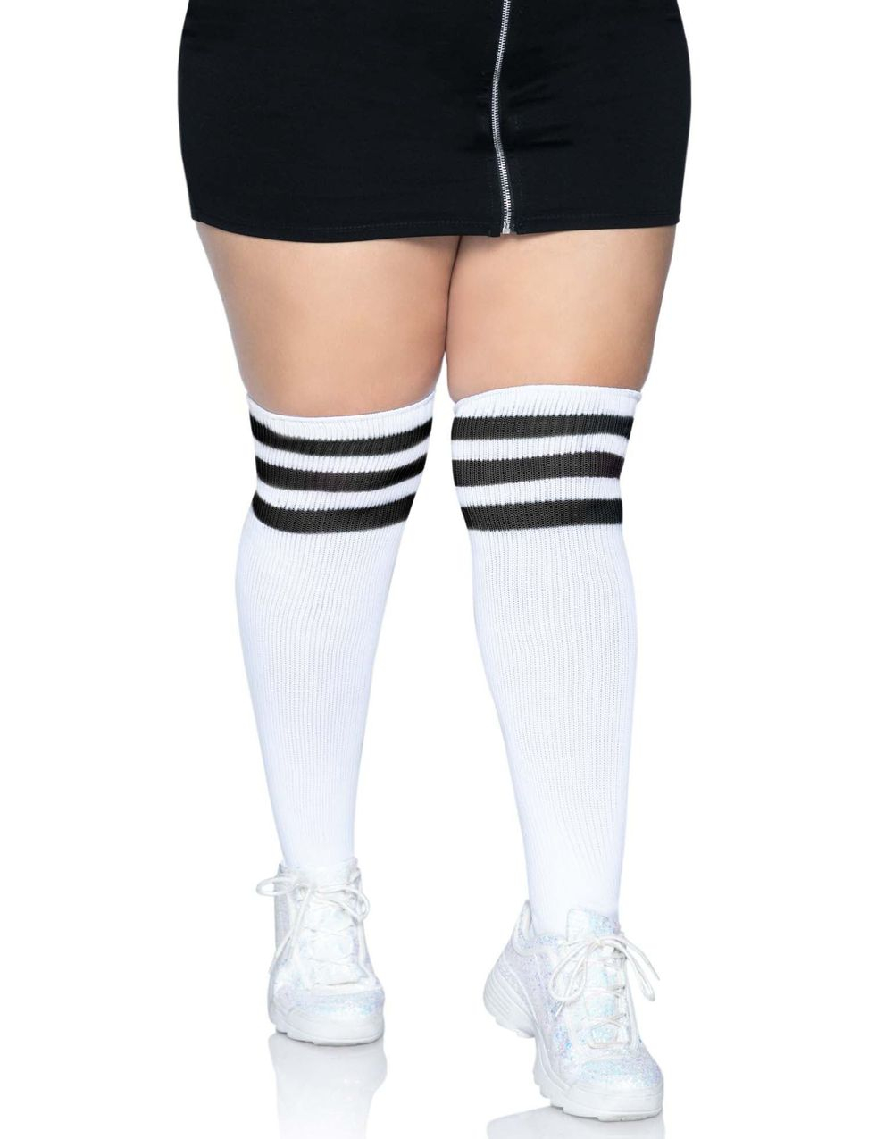 Atletisk 3-Stripede Hvite og Svarte Knesokker - Plus Size
