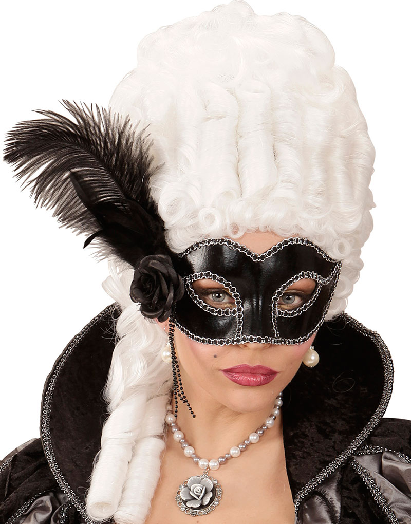 Svart Øyemaske med Blomst, Perler og Fjær