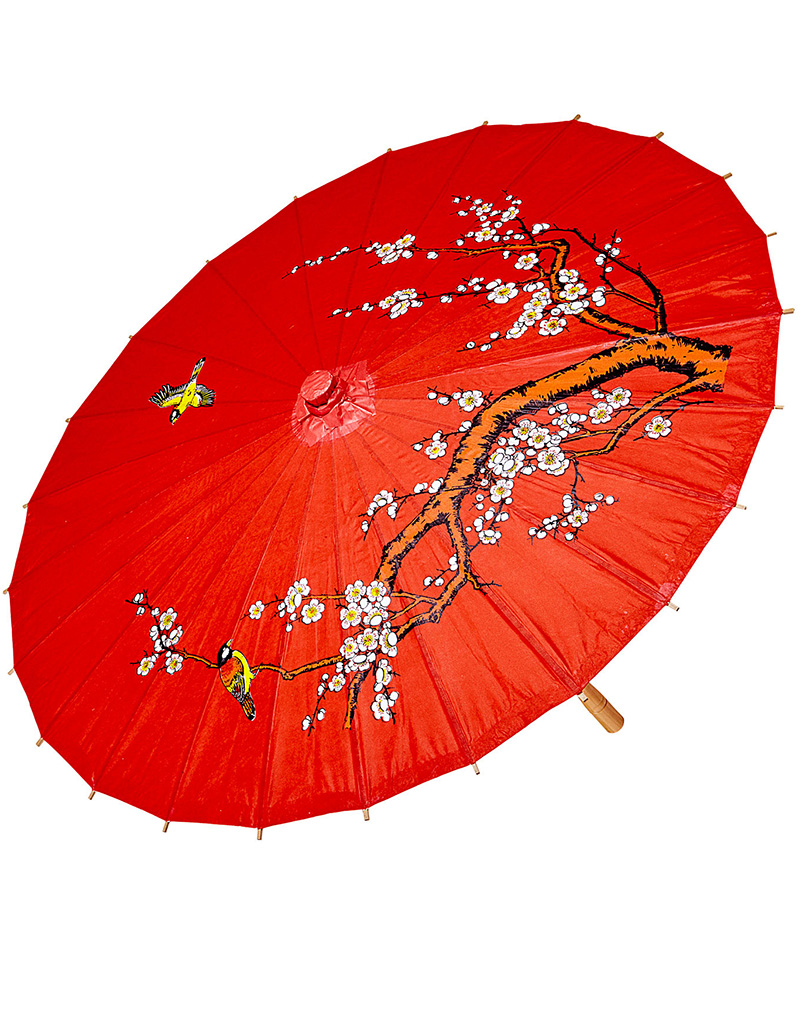 Rød Parasoll med Fugler-, Gren- og Blomstermotiver 60x84 cm
