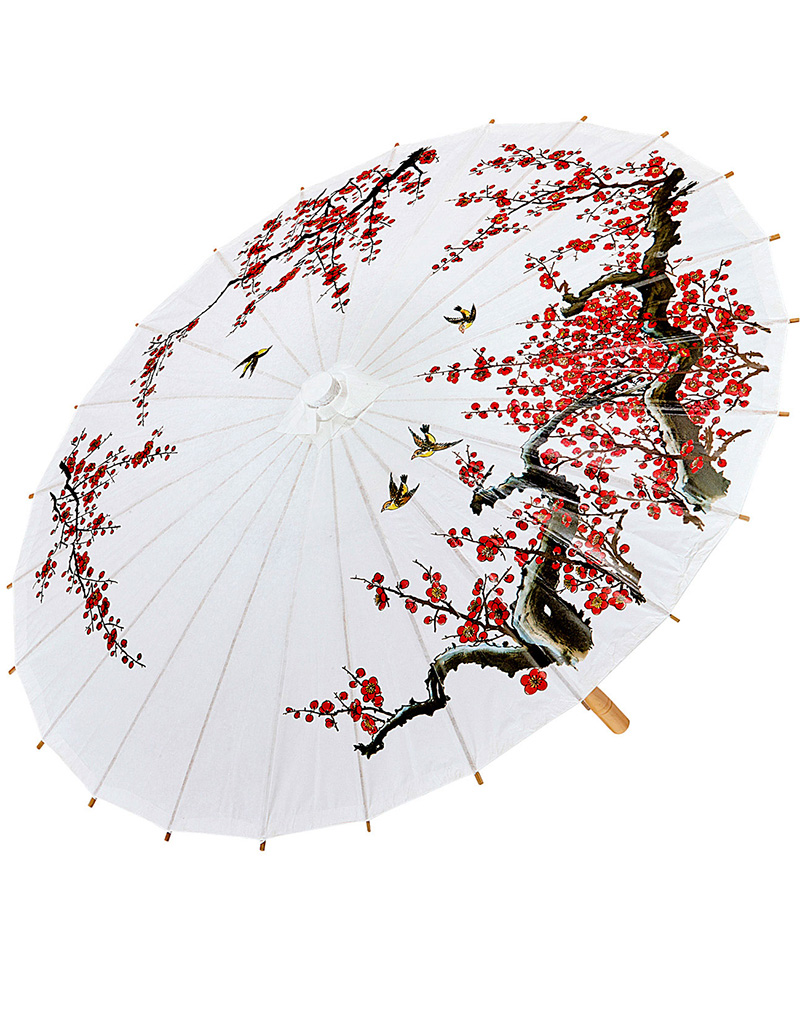 Hvit Parasoll med Fugler-, Gren- og Blomstermotiver 60x84 cm