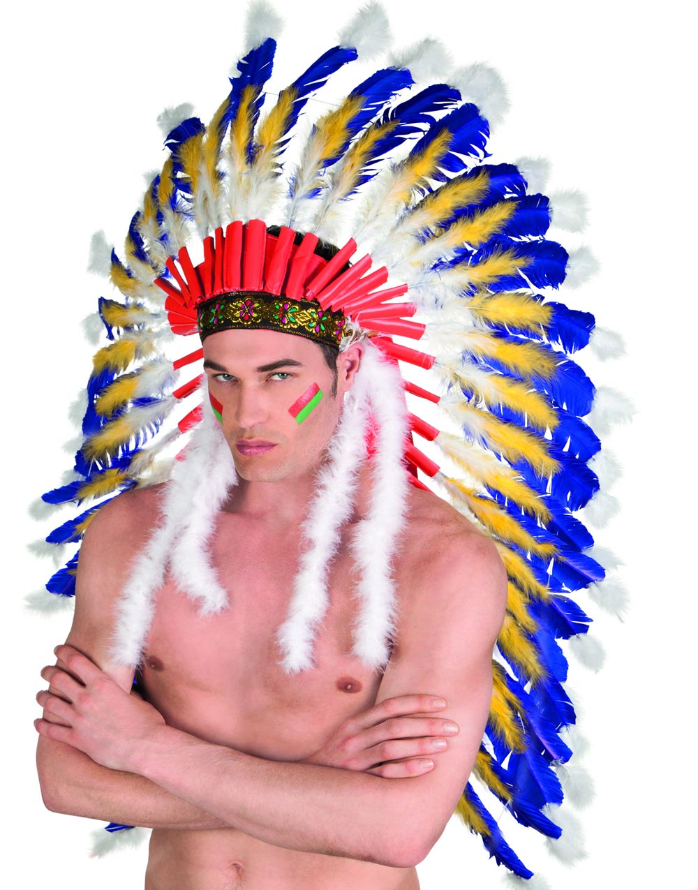 Deluxe Indianer Hodeplagg med STORE Fjær og Mønstret Bånd