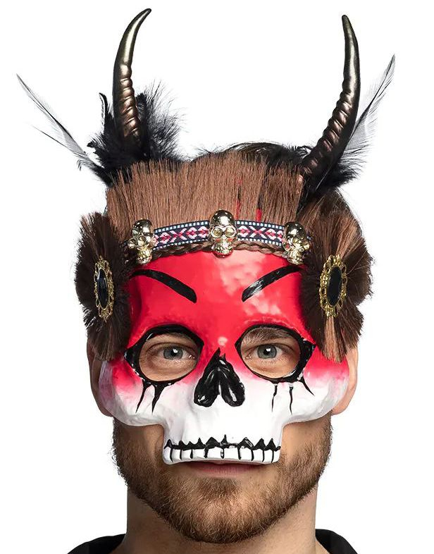 Voodoo Mawu Skjelettmaske med Fjær, Horn og Bånd