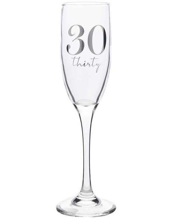 30 ÅR - Champagneglass med Sølvfarget Tekst i Gaveeske 22 cm