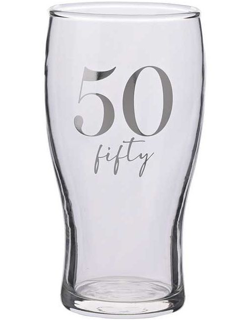 50 ÅR - Ølglass med Sølvfarget Tekst i Gaveeske 16 cm
