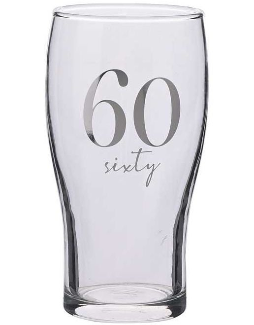 60 ÅR - Ølglass med Sølvfarget Tekst i Gaveeske 16 cm