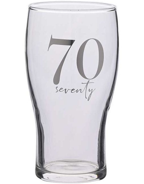 70 ÅR - Ølglass med Sølvfarget Tekst i Gaveeske 16 cm