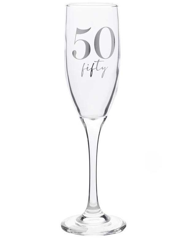 50 ÅR - Champagneglass med Sølvfarget Tekst og Motiver i Gaveeske 22 cm