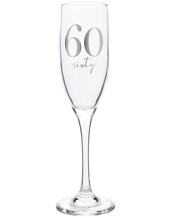 60 ÅR - Champagneglass med Sølvfarget Tekst og Motiver i Gaveeske 22 cm