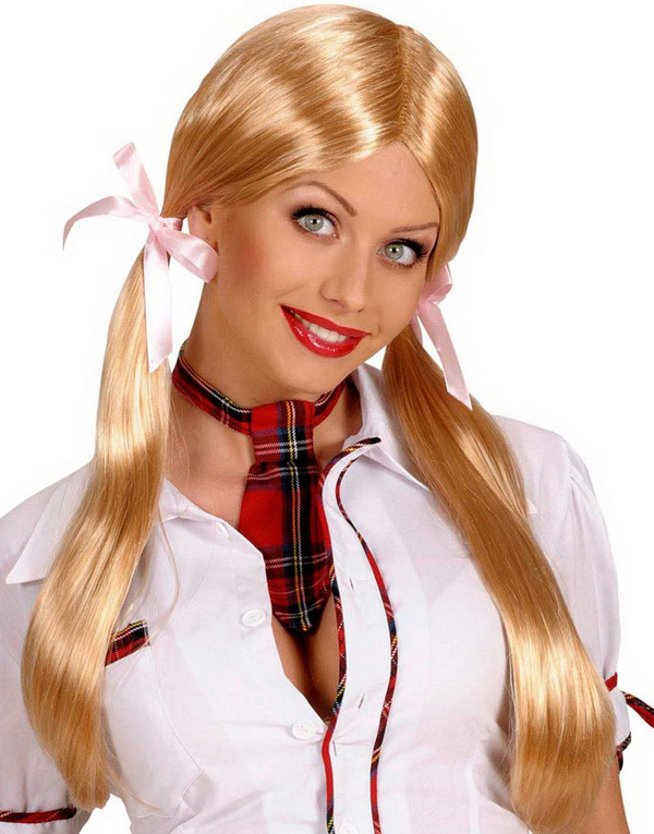 Blond Skolepike Parykk med Sløyfer