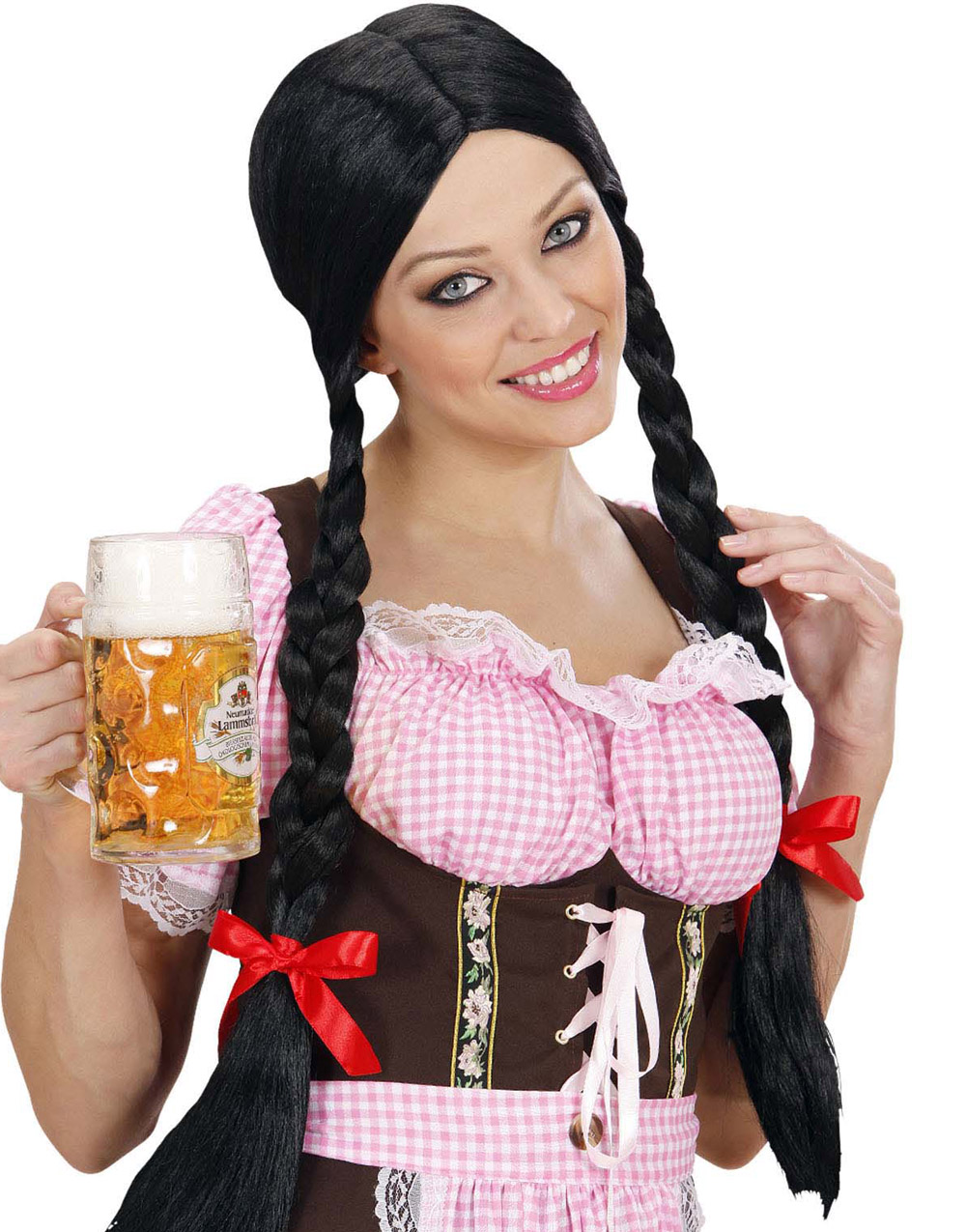 Søt Svart Parykk med Lange Fletter og Røde Sløyfer