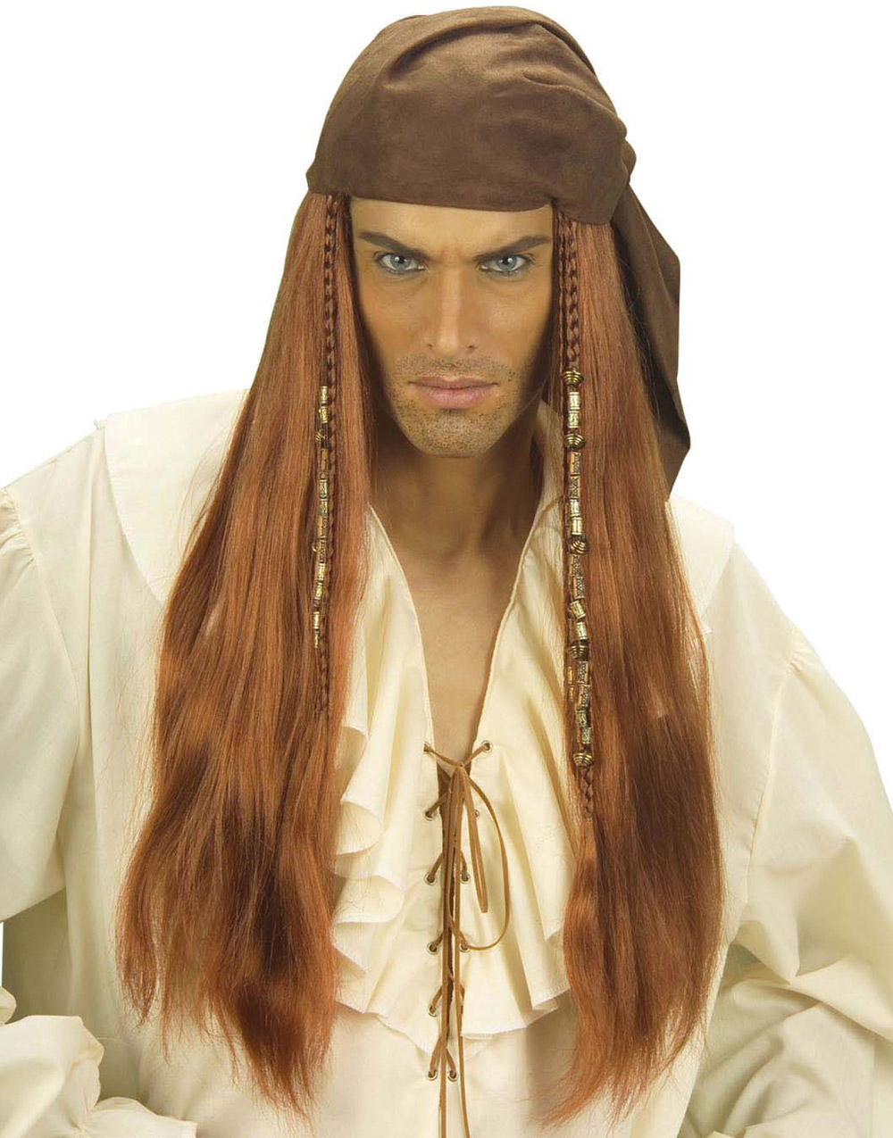Lang Brun Piratparykk med Fletter, Perler og Hodeplagg