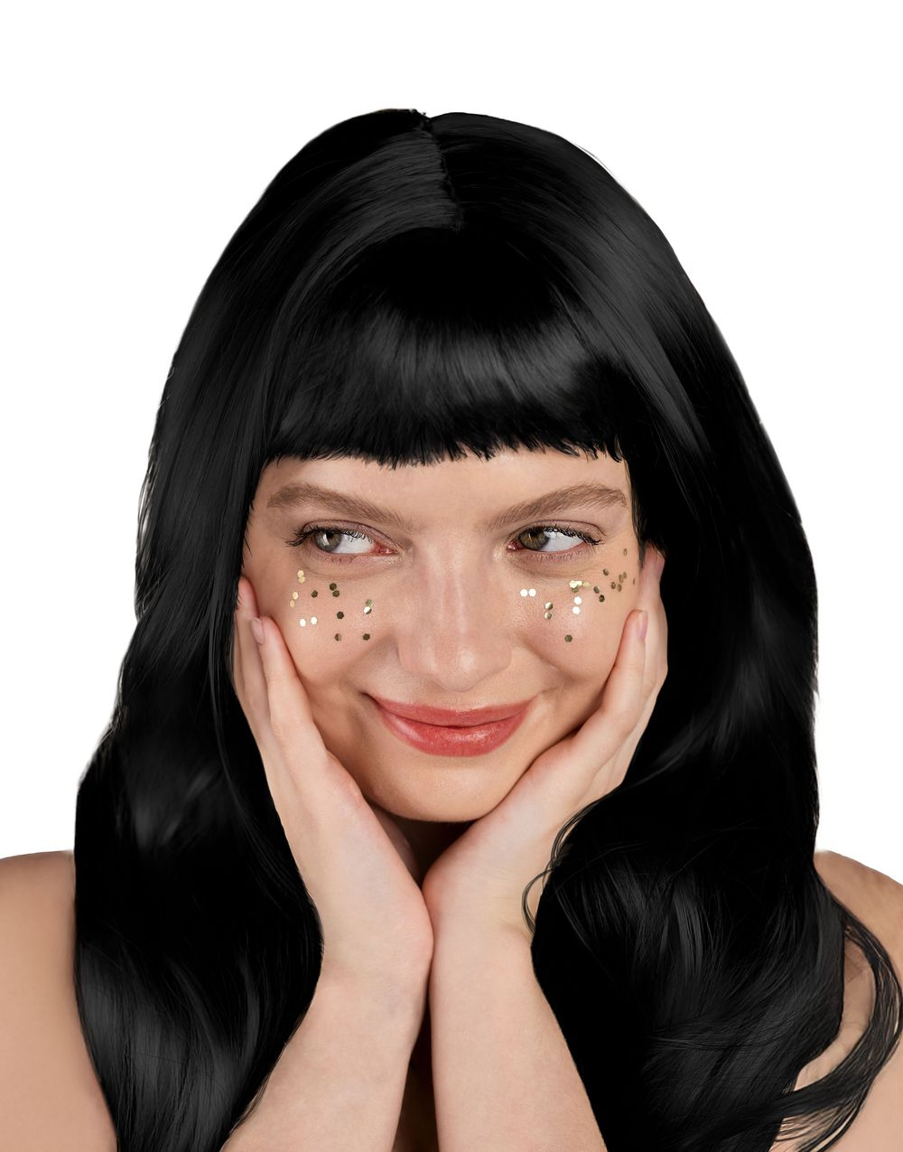 Lang Elegant Svart Parykk med Moderne Pannelugg