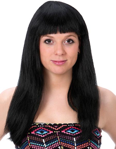 Svart Lang Parykk med Pannelugg