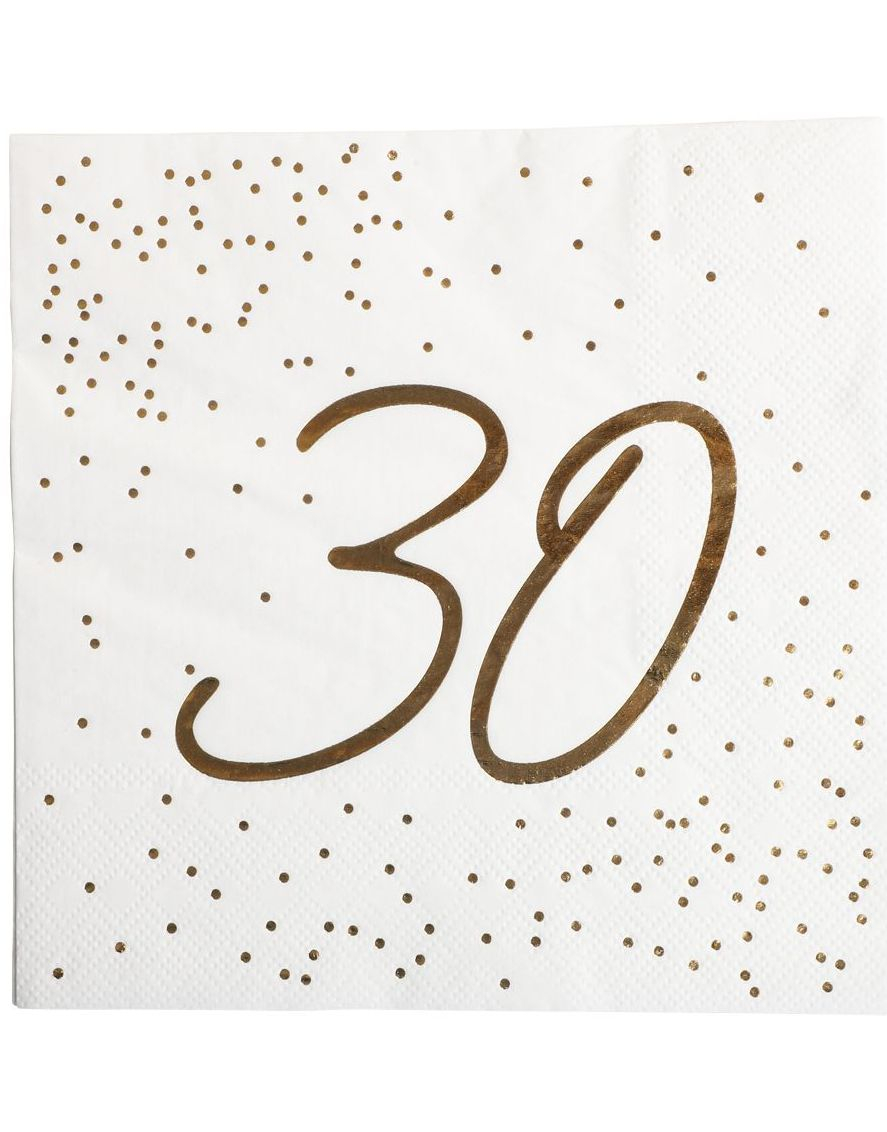 16 stk Hvite 30 Års Bursdagsservietter med Gullskrift 33x33 cm