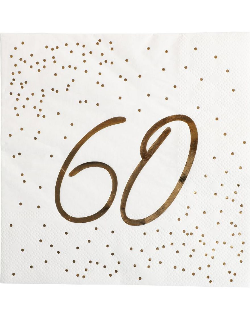 16 stk Hvite 60 Års Servietter med Gullskrift 33x33 cm