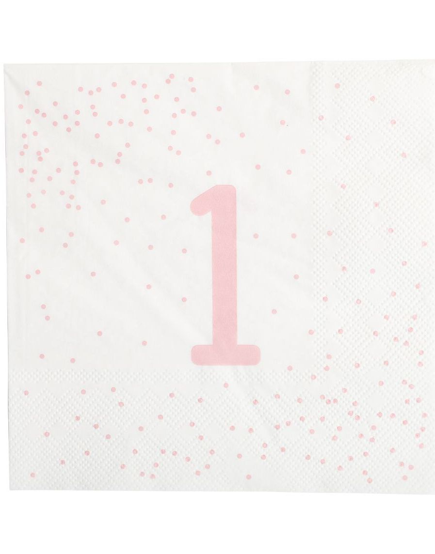16 stk Hvite og Rosa 1 Års Servietter 33x33 cm
