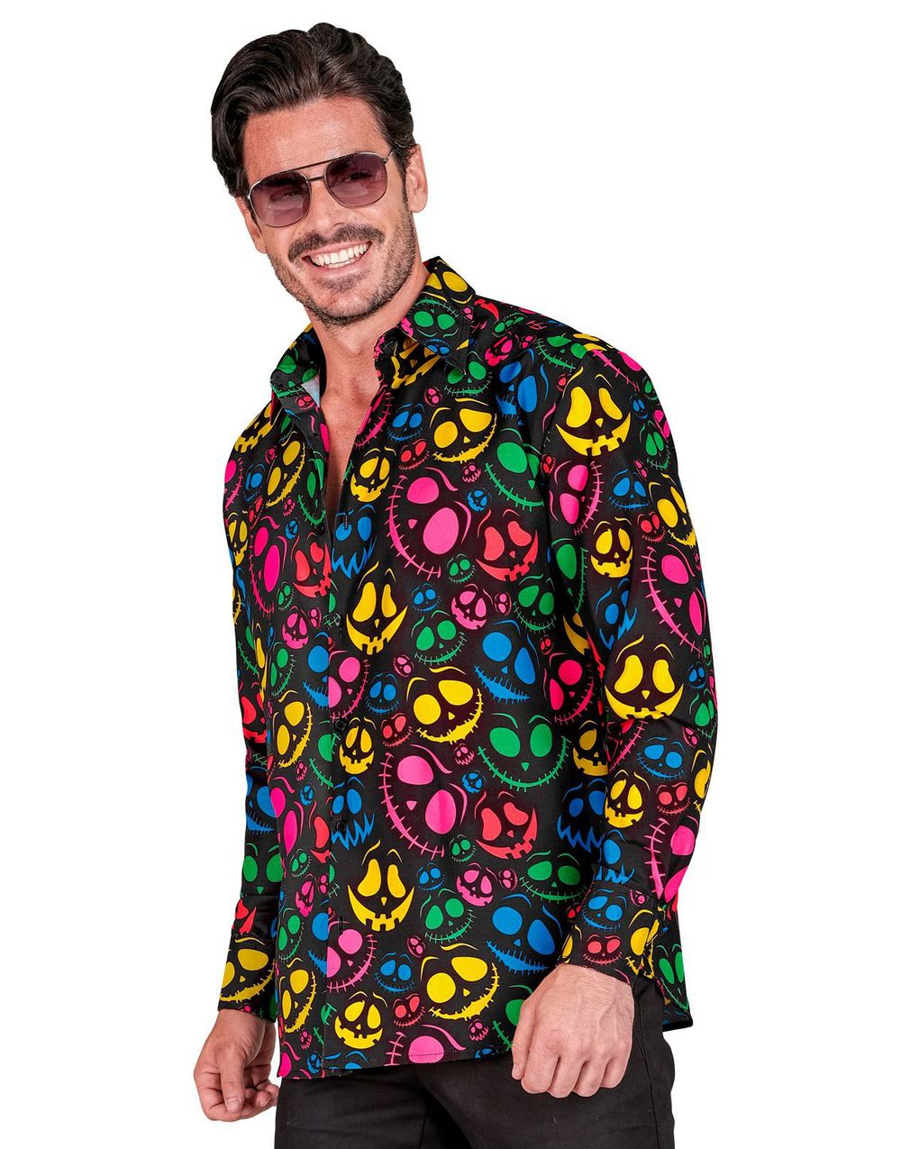 UV-Glow Svart Kostymeskjorte til Mann med Fargerike Gresskaransikt