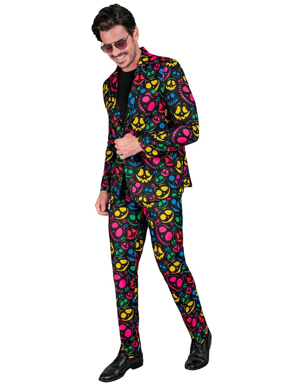 UV-Glow Svart Kostymedress til Mann med Fargerike Gresskaransikt