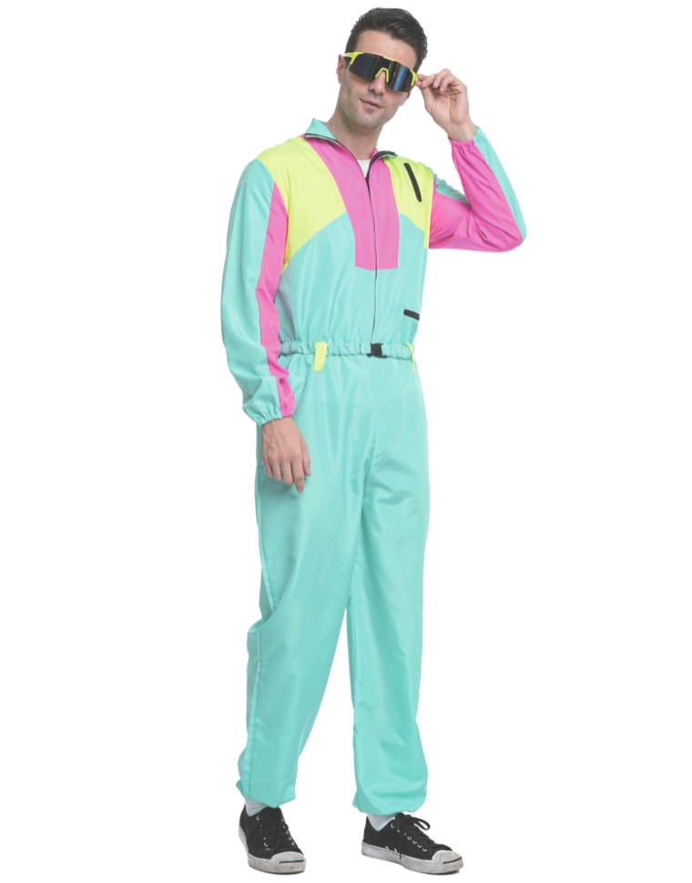 Rosa Grønn og Gul 80-talls Skidress Kostyme til Mann - Onesize