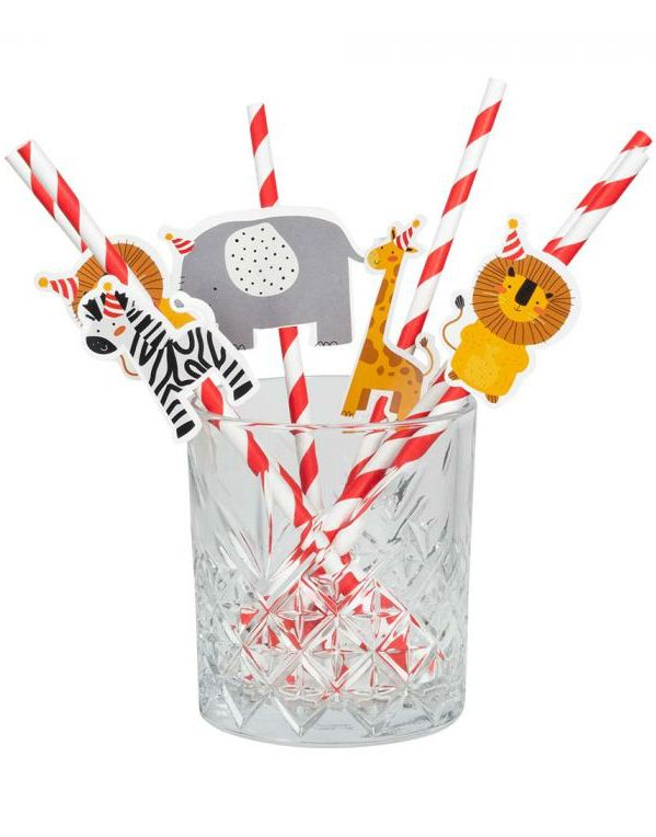 6 stk Rød Stripete Papirsugerør med Pappmotiv - Safari Animals