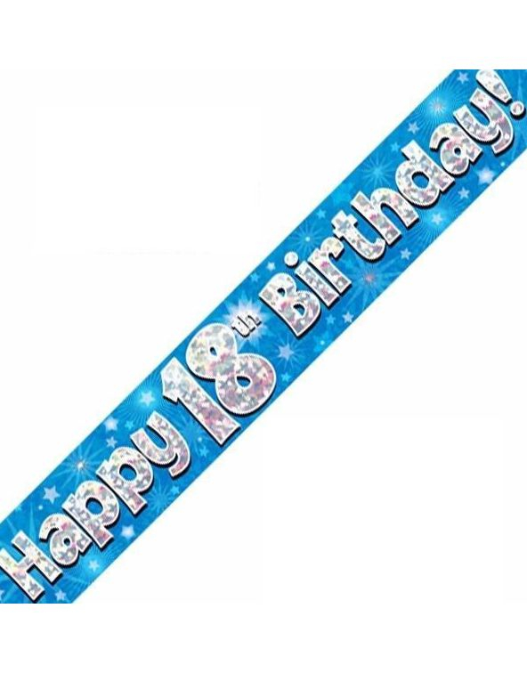 Happy 18th Birthday - 2,7 Meter Blå og Sølvfarget Holografisk Banner