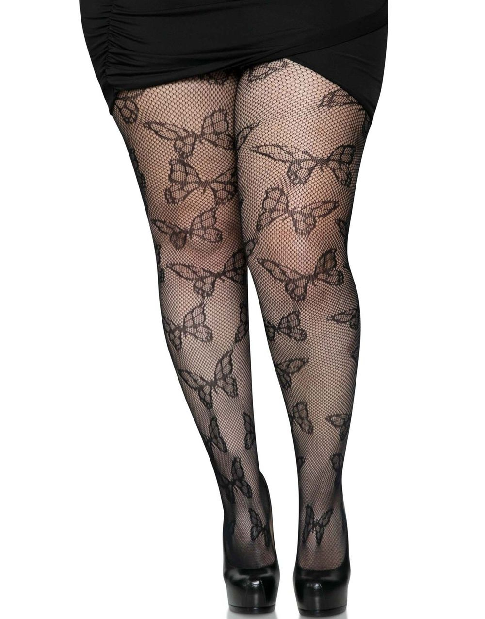 Svart Nettingstrømpe med Vevde Sommerfugler - Plus Size