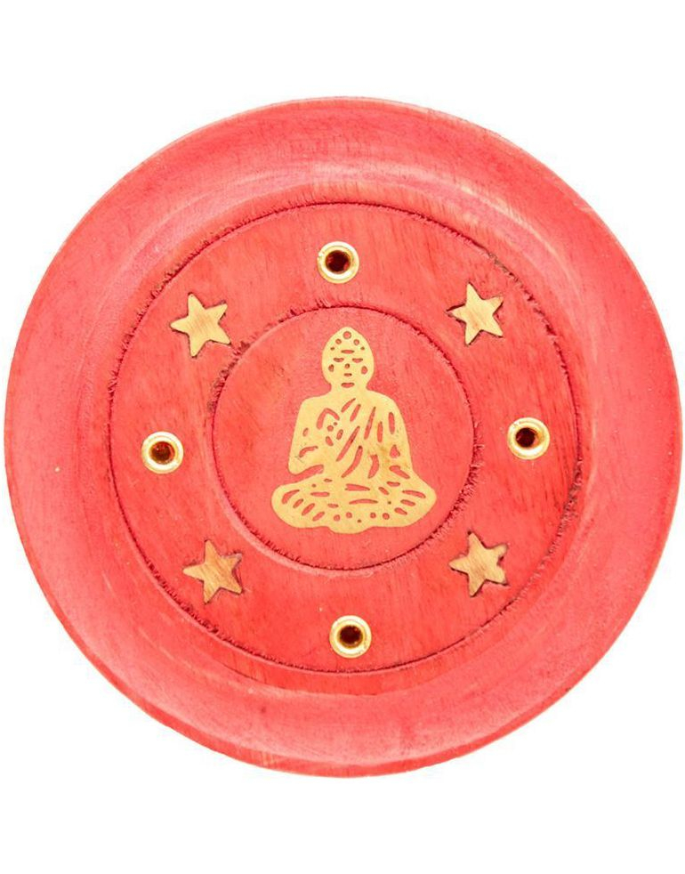 Rund Liten Rød Røkelsesholder i Mango-Tre med Buddha Motiv - 7 cm