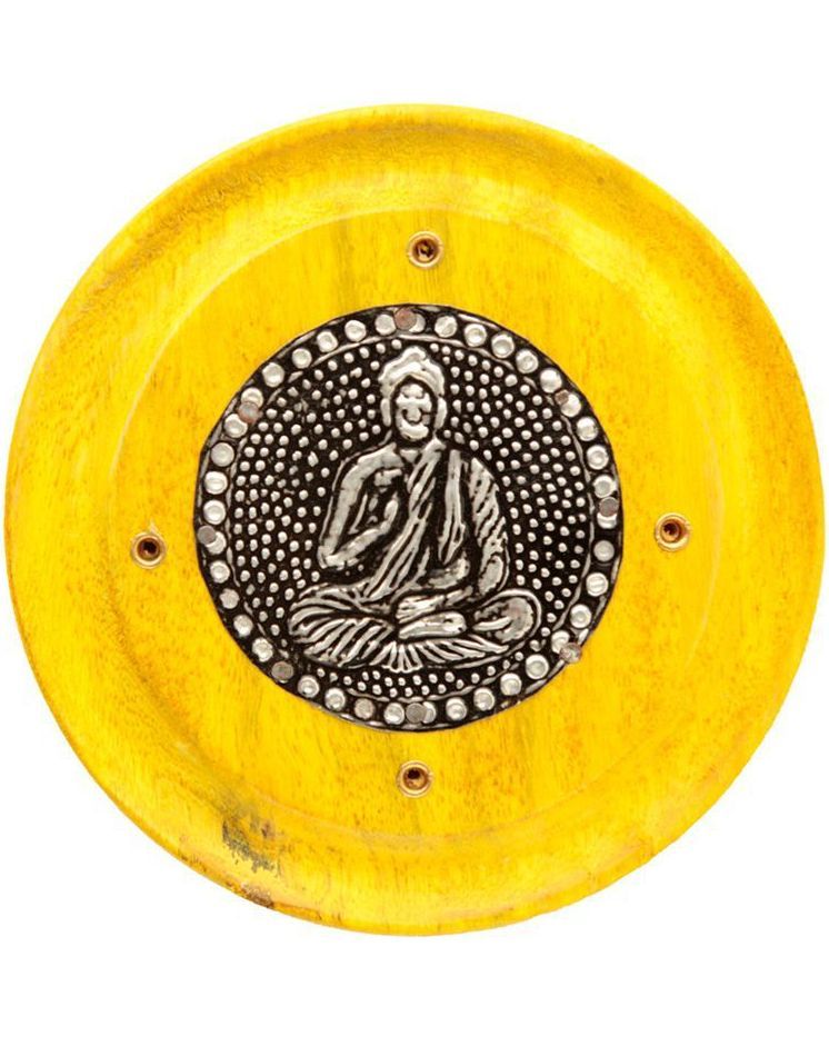 Bilde av Gul Rund Røkelsesholder I Mango-tre Med Buddha Motiv 9,5 Cm