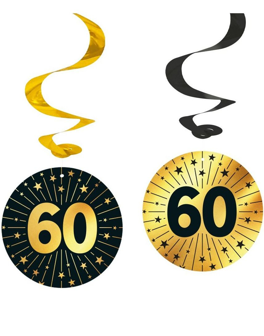 4 stk 60-års Feiring Hengende Swirls - Svart og Gull